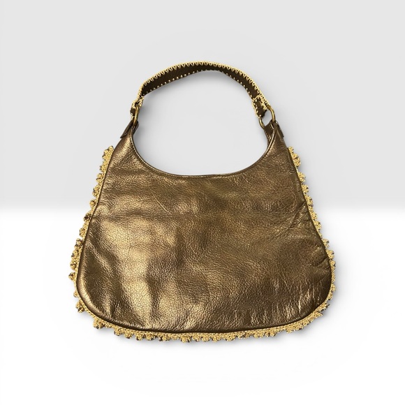 Vintage Rare Isabella Fiore Gold Leather Satchel Shoulder Bag  with Beaded Trim - Picture 2 of 7